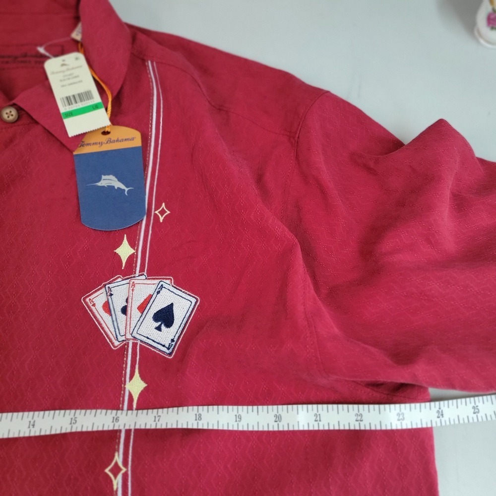 Tommy Bahama Blue Fin Lounge Silk Camp Shirt Red Playing Cards Marlin Mens L NEW - Picture 7 of 10